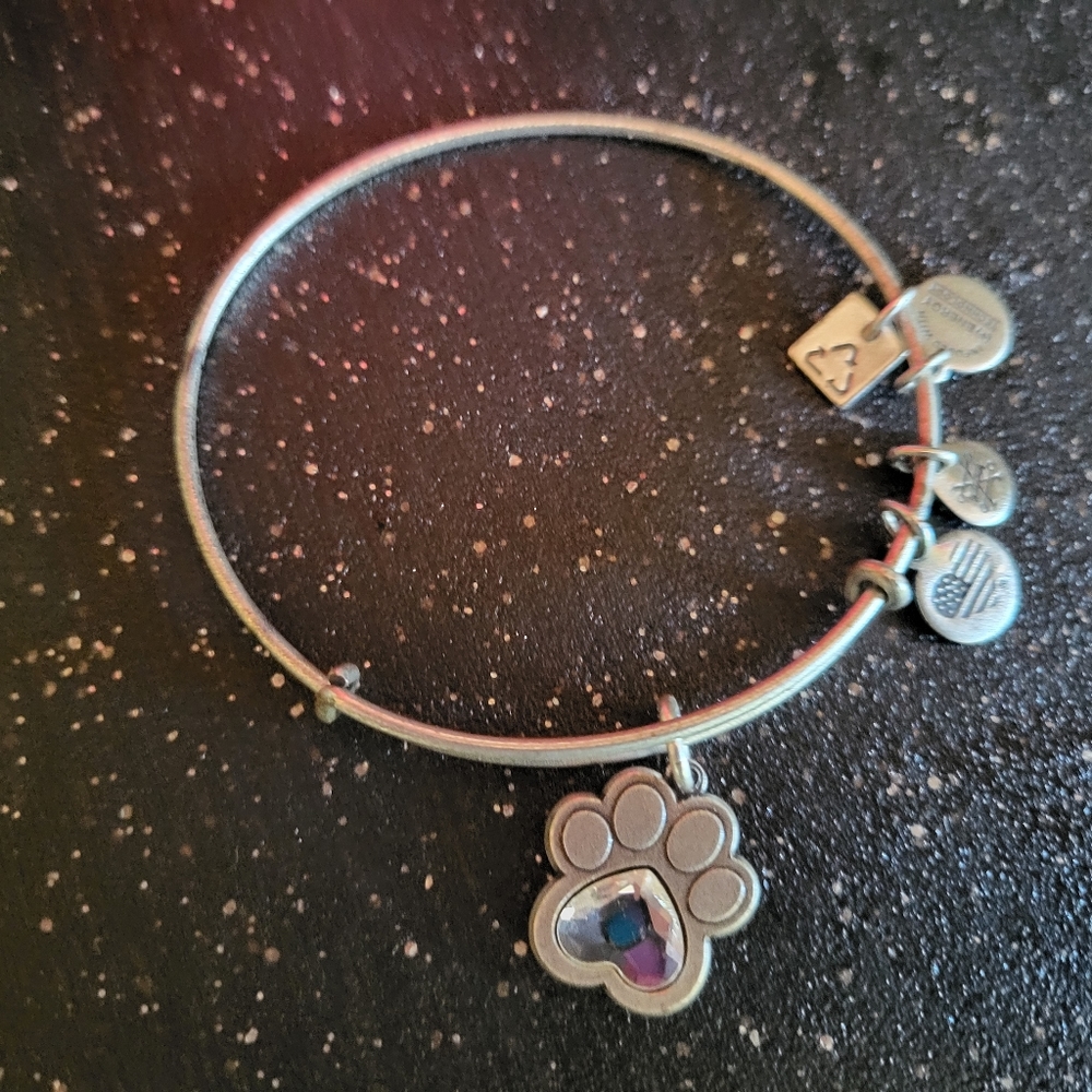 Alex and Ani silver bangle bracelet with dog paw print charm